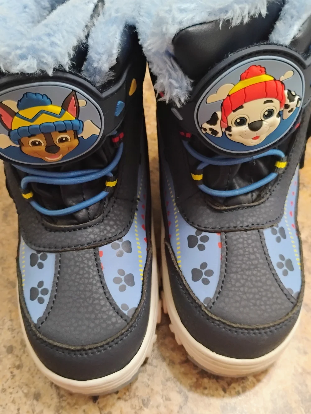 Blue Kids Winter Boots with Paw Print and Character Accents